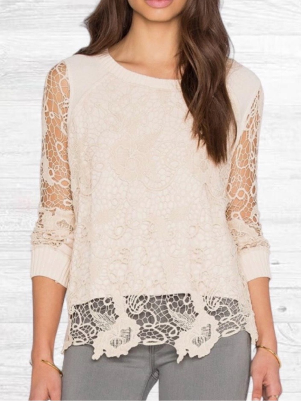 Free People Cream Lace-Front Crewneck Sweatshirt